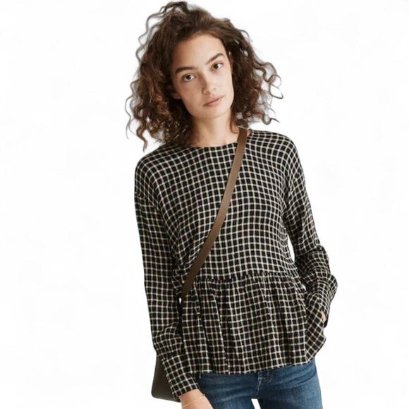 Madewell Button-Back Peplum Top in Mini Windowpane in Check Twill - Picture 1 of 8
